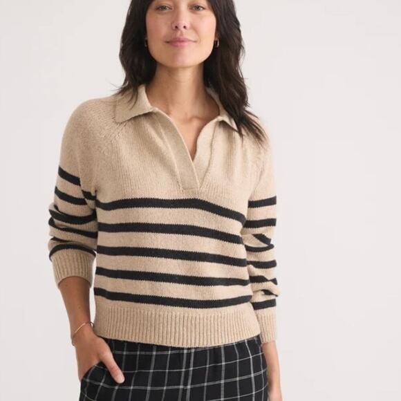 MARINE LAYER Claire Relaxed Knit Polo Sweater in Neutral Stripe, Size X-Large - Picture 1 of 15